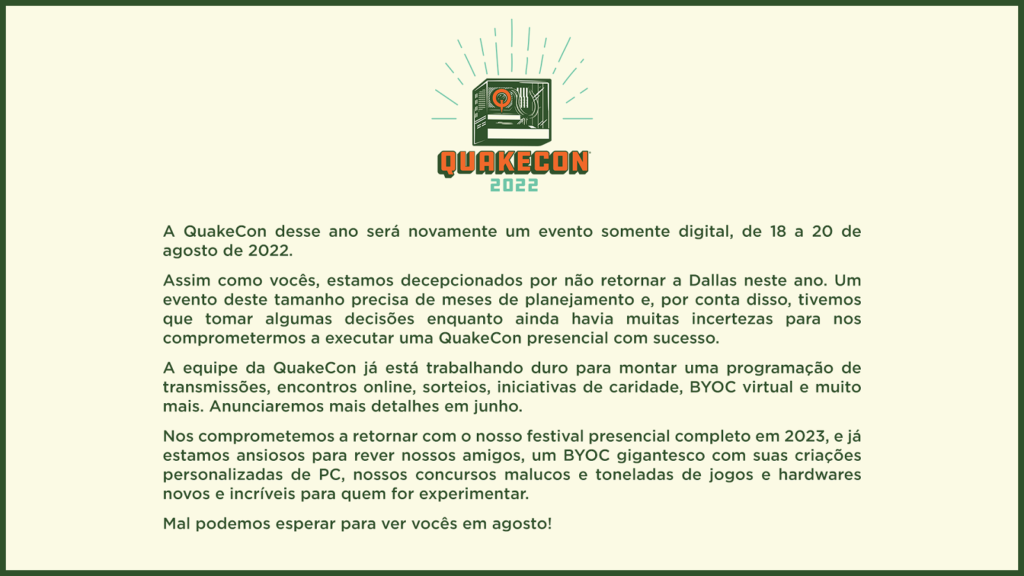 QuakeCon 2022 anunciada com evento digital